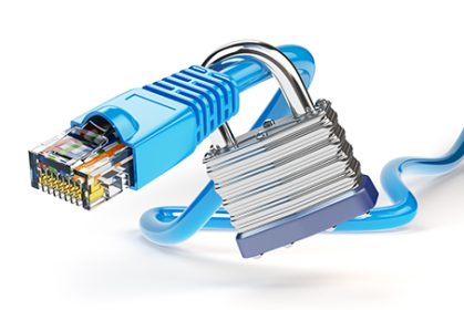 Network ethernet cable locked with padlock isolated on white background. Internet security and data protection concept. 3d illustration